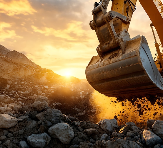 Excavation au Coucher du Soleil : Travaux Lourds et Lumière Dorée Godet d'excavatrice jaune déversant de la terre et des roches au coucher du soleil dans une carrière, créant une forte lueur dorée.