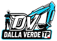 Logo Dalla Verde TP : initiales DV blanches, silhouette de travailleur à gauche, bras d'excavatrice turquoise à droite, texte Dalla Verde TP en bas.