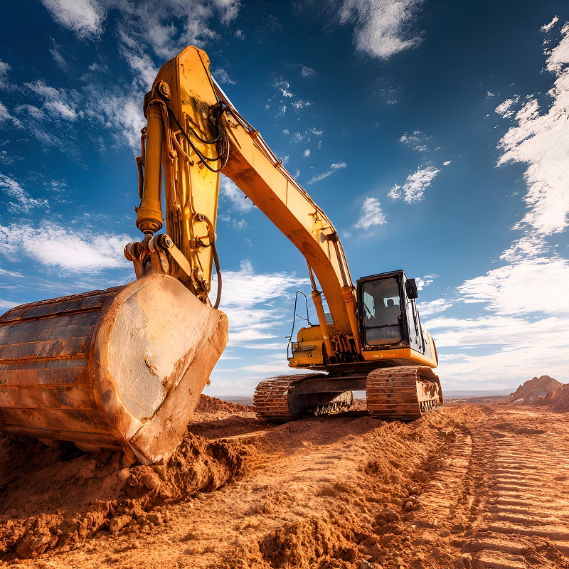 Godet d'excavatrice jaune déversant de la terre et des roches au coucher du soleil dans une carrière, créant une forte lueur dorée.