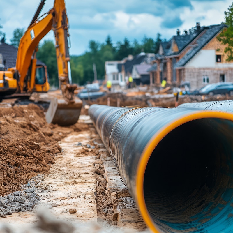 Gros plan sur un tuyau en plastique noir et jaune posé dans une tranchée de construction, pelle mécanique à l'arrière, maisons neuves en construction.